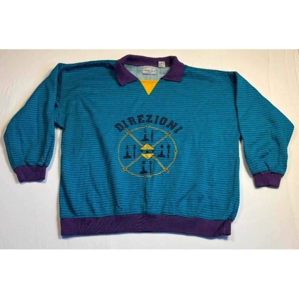 Vintage Venezia Sportswear Direzioni Mens Striped Collared Pullover Sweater 2XL